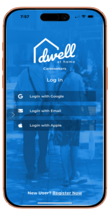 Dwell at Home Care Seeker app showing the caregiver search screen